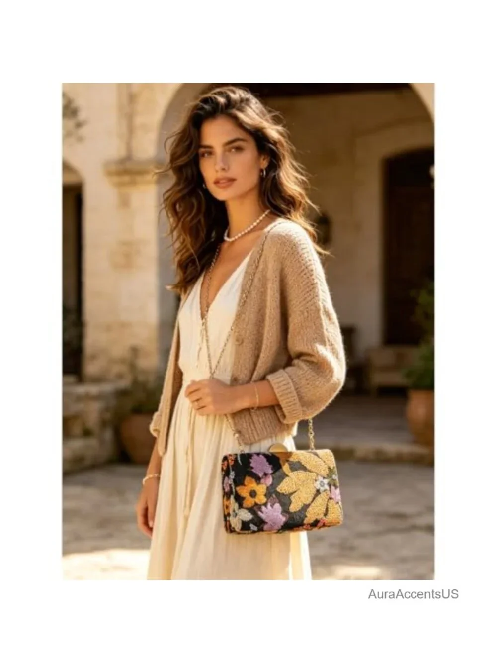 Sequin Floral Evening Clutch Purse with Detachable Chain